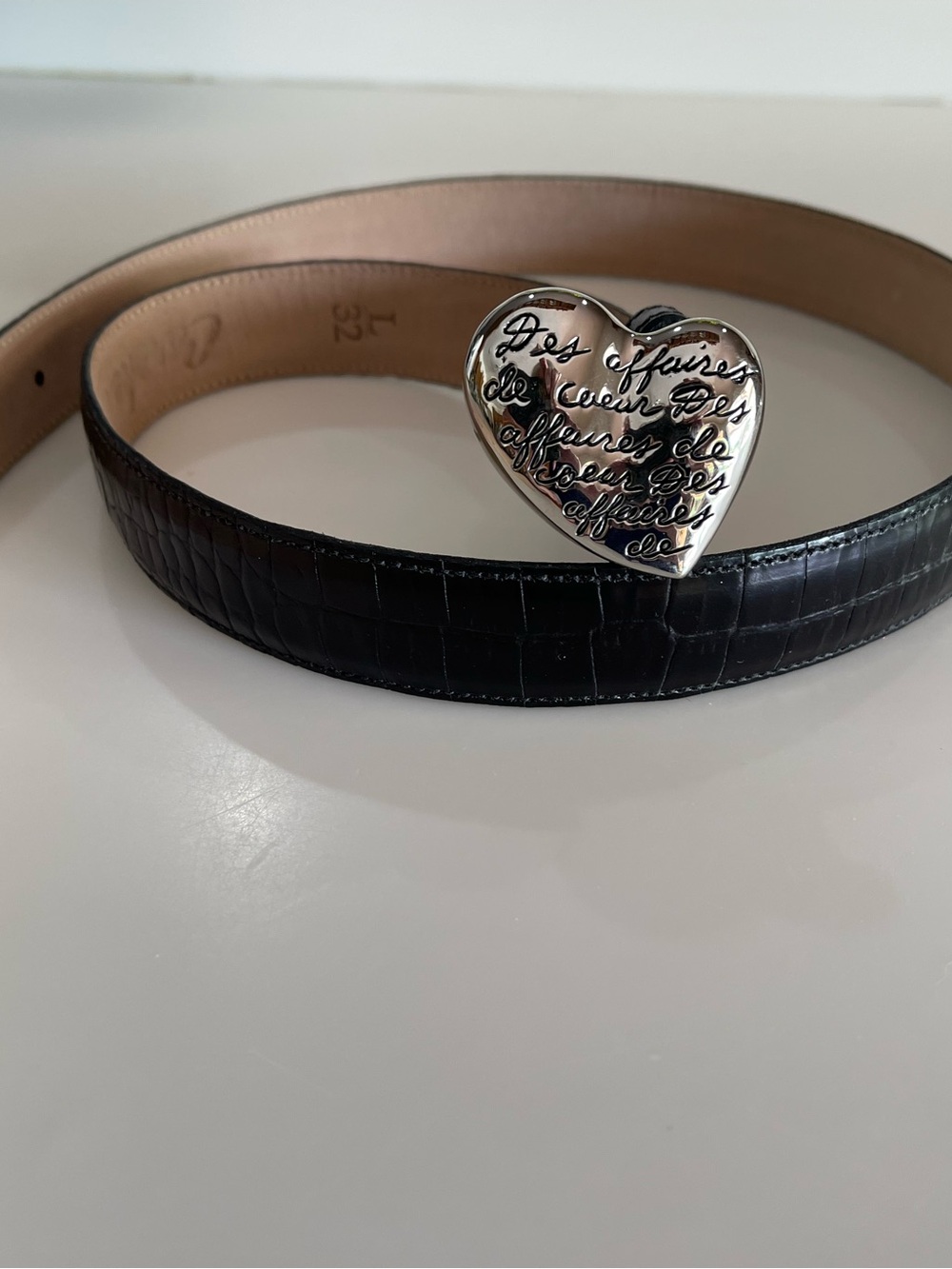 Vintage Carolee Croc-Embossed Leather Belt with Silver Heart Script Buckle